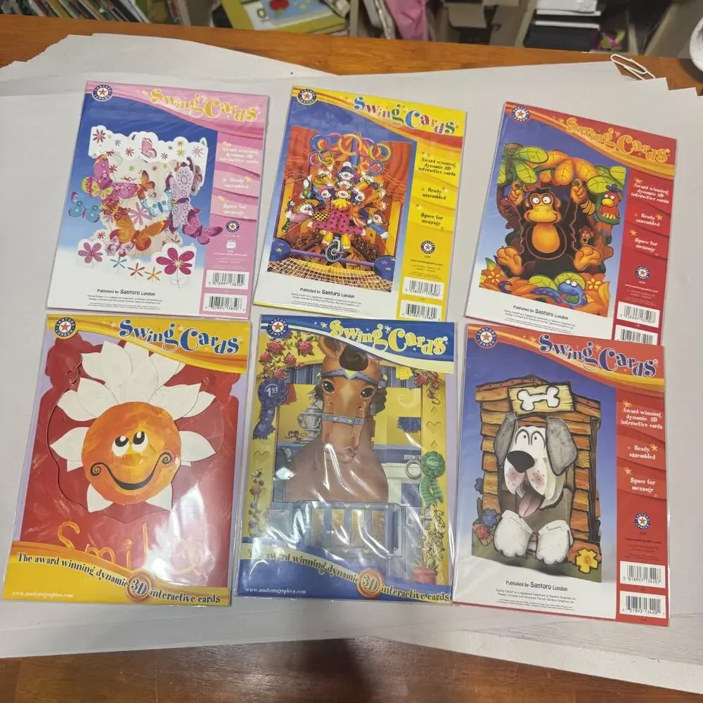 New Lot of 6 Swing 3D Popup Cards Santoro Birthday kids monkey horse butterfly